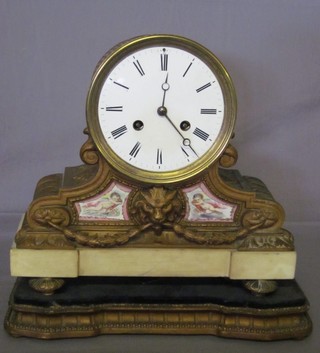 A French 19th Century 8 day striking clock contained in a gilt Ormolu case with porcelain plaque, having an enamelled dial  with Roman numerals 12" ILLUSTRATED