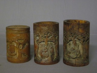 2 Eastern carved bamboo vases 7" and a cylindrical jar and cover
