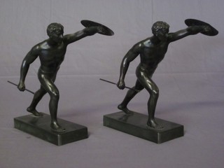 2 spelter figures of standing Greek warriors 7"