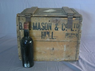 A wooden crate with hinged lid containing a bottle of 1952  Chateau Rauzan Gassie together with 10 bottles of unlabelled  1960 Port