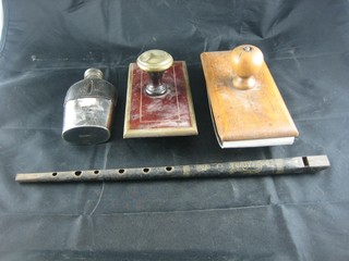 A penny whistle, a glass and silver plated hip flask and 2 19th Century blotters