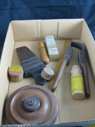A 19th Century wooden dish stand 6 1/2", a pair of wooden  tongs and a collection of items of treen