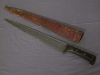An African dagger with 14" blade, wooden grip and leather  scabbard
