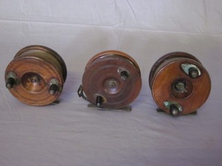 3 wooden and brass star back centre pin fishing reels 4"