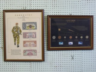 A framed set of bank notes of the British Armed Forces of 1950's together with a framed set of coins commemorating Concord