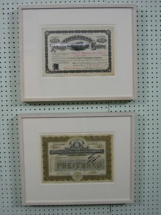 A Stoneycreek share certificate together with a Hydraulic-Press Brick Company share certificate, framed