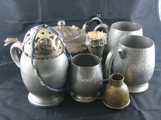 A circular silver plated teapot and a collection of pewter tankards  etc