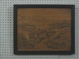 A 19th Century straw work picture of a Continental railway viaduct 12" x 16", base marked Or Saba Disd ? Depaso Del  Toro ILLUSTRATED