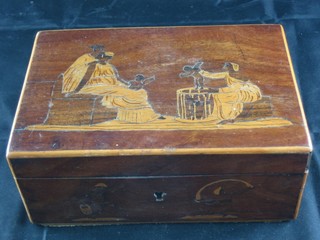 A 19th Century inlaid trinket box with hinged lid decorated  classical scenes 6 1/2"