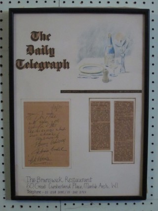 Fanny Craddock, a signed bill from the Brunswick Restaurant, 60 Cumberland Place