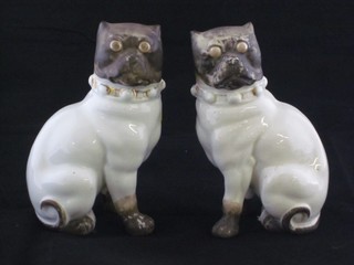 A pair of 19th Century Continental porcelain figures of seated  Pugs 4"
