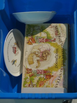 A Wedgwood Mrs Tiggy Winkle childs tea service, boxed, together with a Wedgwood oval plate decorated Mr McGregor  and a Shelley Mabel Lucy Attwell dish