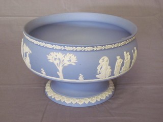 A circular Wedgwood blue Jasperware pedestal bowl, the base  marked 70, raised on a spreading foot 8"