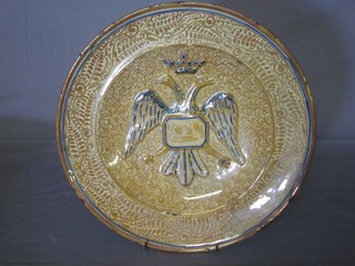 An 18th/19th Century circular Continental Delft lustre plate decorated a crowned 2 headed bird 16"