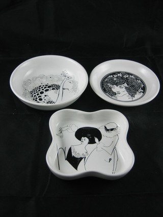 3 Poole Pottery Beardsey collection ashtrays decorated a figure  of Bacchus, a figure of a lady and a bird