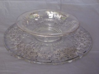 A circular pedestal glass bowl with silver overlay 9" together with a similar dish