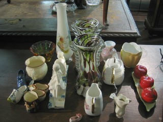 A pair of End of Day style glass vases, a Carltonware condiment set in the form of a leaf and tomatoes and a small collection of  decorative ceramics and glass