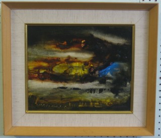Mack McMechan, modern art oil on board, "Dust in the  Evening Air, Lanzarote" 9" x 12"