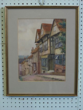 Phyllis Bethell, watercolour drawing "Hill with Half Timbered Houses" 11" x 8"