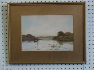 George Oyston, watercolour drawing "Country River with Fishing Boat" 7" x 9 1/2"