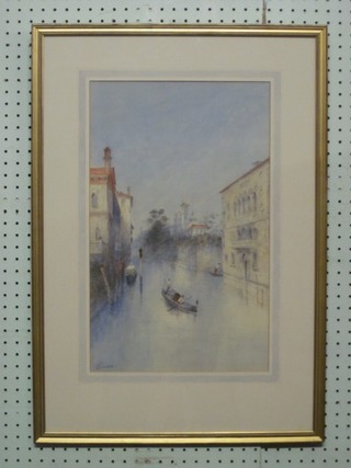 Watercolour drawing "Venetian Canal with Gondoliers" 18" x  11"