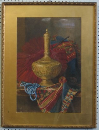 Watercolour drawing, still life study "Benares Brass Vase and Cover against a Carpet" monogrammed FW '85, 19" x 13"