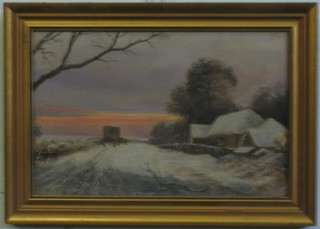 Oil on board "Rural Scene with Figure and Cart" indistinctly signed to bottom right hand corner 7" x 12"