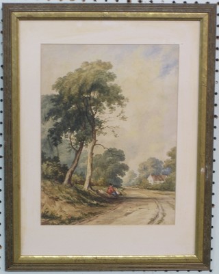 An 18th/19th Century watercolour drawing "Figures by a Track with Cottage in Distance" 12" x 9"