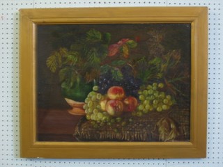Oil on board, still life study "Potted Plant with Grapes and  Peaches" 17" x 23"