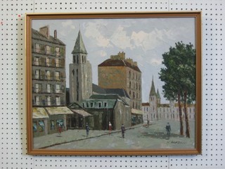 K Gastarini, impressionist oil on board "Continental Street Scene  with Figures" 19" x 24"