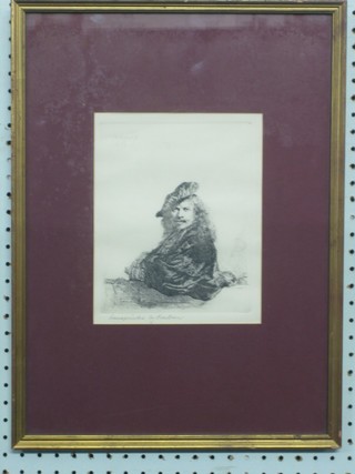 After Rembrandt, an etching "Self Portrait" 8" x 7"