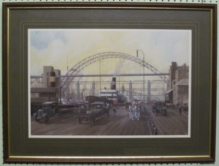 A coloured print after John J Holmes "Newcastle Docks"? signed  in the margin 13" x 19"