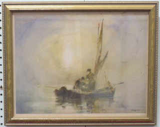 P Hayne, impressionist watercolour "Figures in Fishing Boat"  10" x 13"