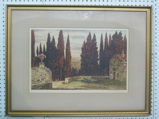 An artists proof coloured etching "Tuscan Terrace",  monogrammed W H and signed in the margin 11" x 17"