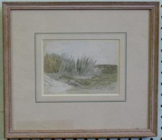 Edward Duncan, pencil and watercolour drawing "Reeds Near  Wargrave, Sussex" the reverse with Thomas Agnew & Sons Gallery label 3 1/2" x 5"