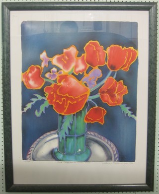 Lillian Deleway, limited edition coloured print "Red Poppies in a  Green Vase" 26" x 21"