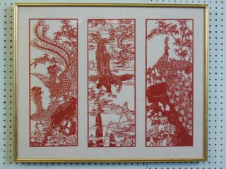 3 Oriental style cut paper stencils of fabulous birds 18" x 23" contained in a gilt frame