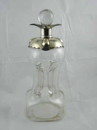 An Art Nouveau square pinched glass decanter and stopper with  silver mounts, London 1904