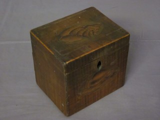 A 19th Century rectangular mahogany caddy, the lid and front inlaid with shell motif