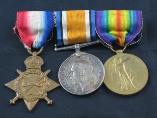 A group of 3 medals comprising 1914-15 Star, British War medal  and Victory medal to 813 Pte. T F Hills East Surrey Regt.