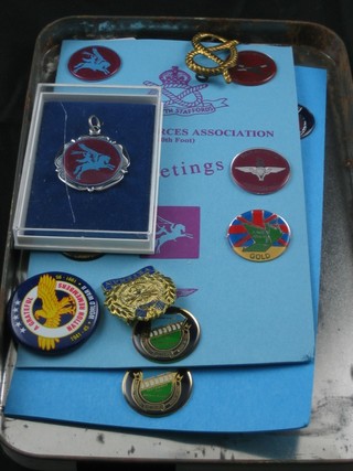 An airborne cloth shoulder title, various 2nd Staffordshire Regt. enamelled airborne badges and other enamelled badges etc