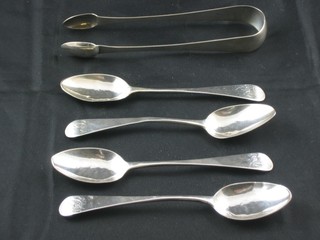 A set of 4 William IV silver Old English pattern teaspoons, London 1833 together with a pair of silver sugar tongs 2 1/2 ozs