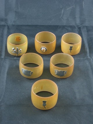 6 horn and silver plated mounted napkin rings