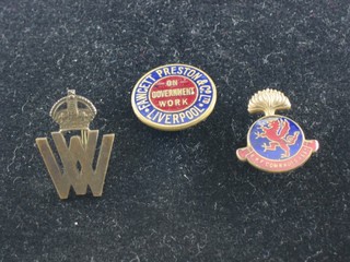 A WWI enamelled badge for F A W C Preston & Co on  Government Work Liverpool, a brass Fusiliers Comrade's badge  and a War Work badge
