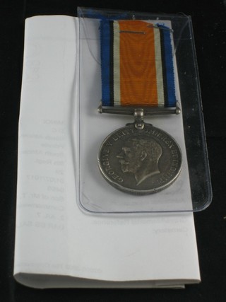 A British War medal to Pte. D C Minoi 11th South African  Infantry Regt. together with Commonwealth War Graves documentation stating date of death 1-7-1917