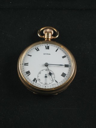 A gentleman's open faced pocket watch with enamelled dial and Roman numerals by Cyma contained in a 9ct gold case 