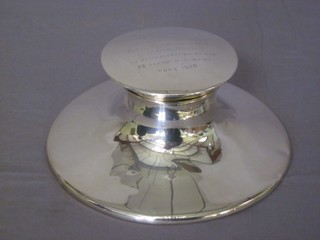 A silver capstan inkwell , the lid with inscription,  Birmingham 1919 ILLUSTRATED