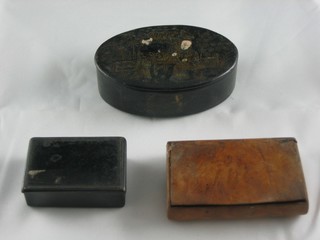 A 19th Century oval lacquered chinoiserie style snuff box, a rectangular snuff box with hinged lid and a rectangular walnut  snuff box