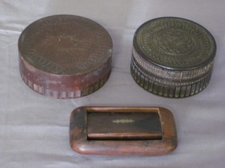 A 19th Century wooden snuff box with hinged lid and 2 circular wooden carved jars and covers