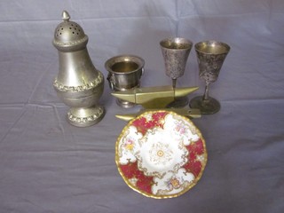 A large silver plated sugar sifter, 2 brass model anvils, various decorative items etc
